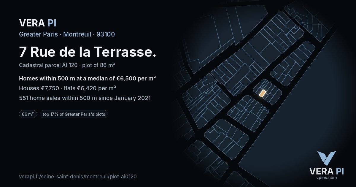 7 Rue de la Terrasse, Montreuil at night – the plot lit, the parcels around coloured by the prices near them