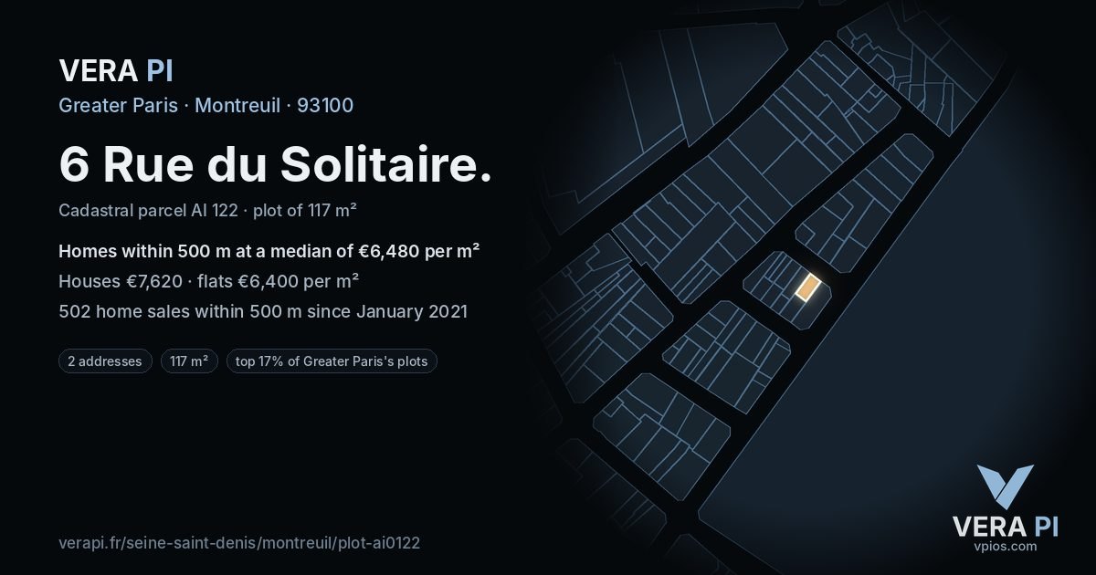 6 Rue du Solitaire, Montreuil at night – the plot lit, the parcels around coloured by the prices near them