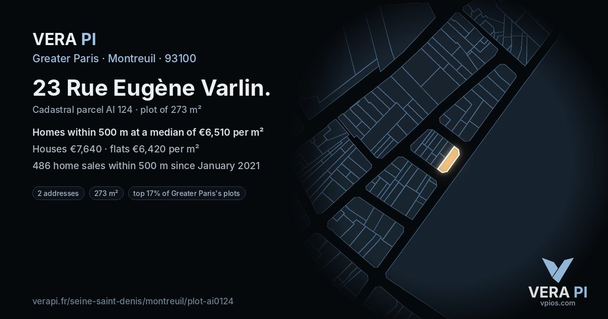 23 Rue Eugène Varlin, Montreuil at night – the plot lit, the parcels around coloured by the prices near them