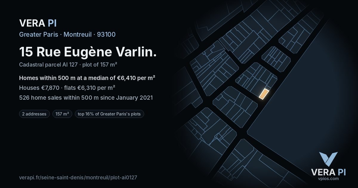 15 Rue Eugène Varlin, Montreuil at night – the plot lit, the parcels around coloured by the prices near them