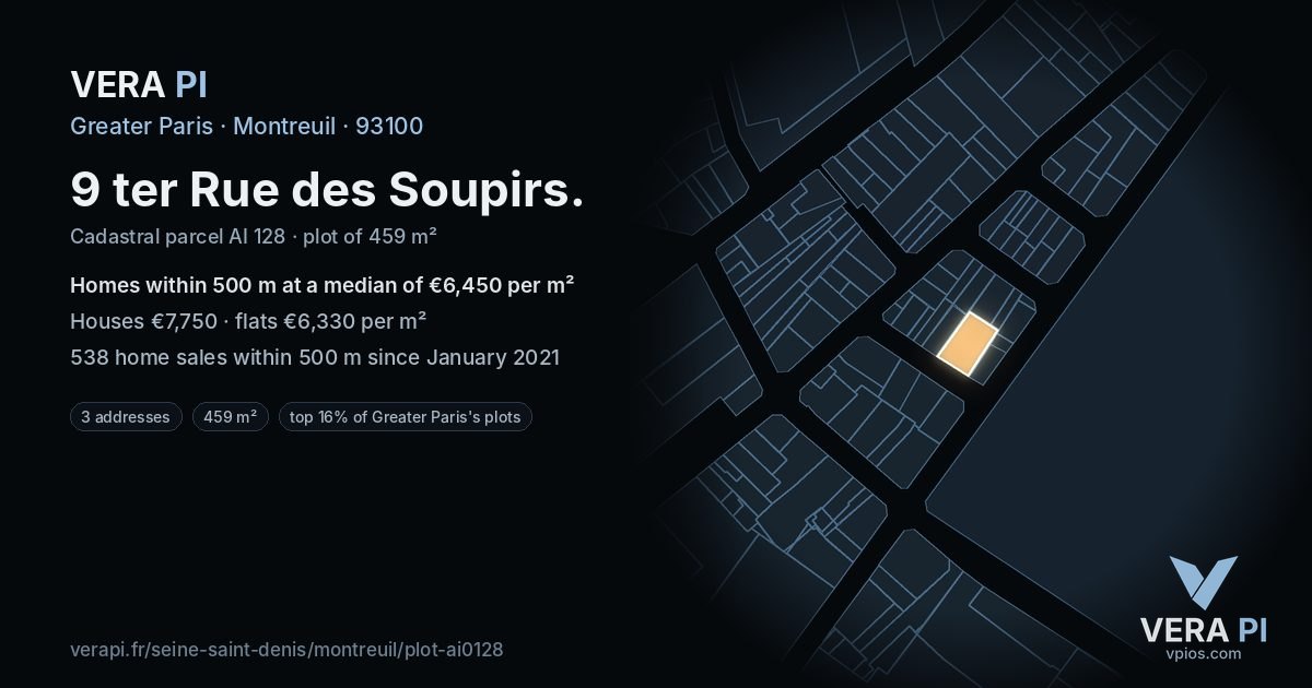 9 ter Rue des Soupirs, Montreuil at night – the plot lit, the parcels around coloured by the prices near them