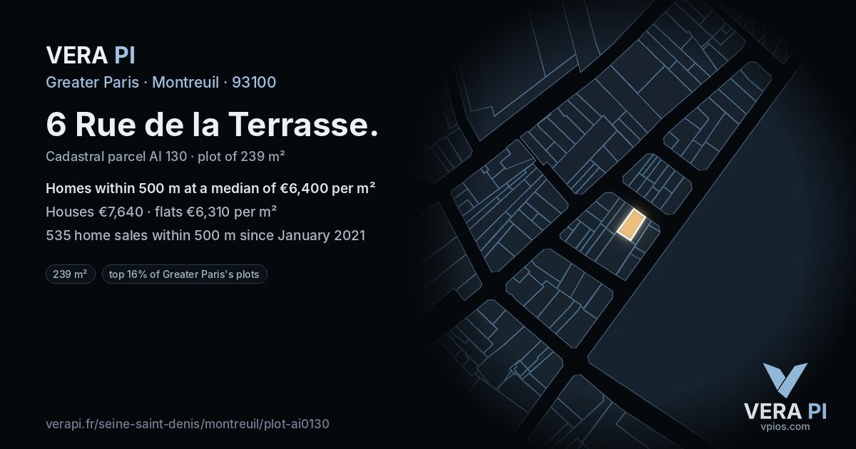 6 Rue de la Terrasse, Montreuil at night – the plot lit, the parcels around coloured by the prices near them