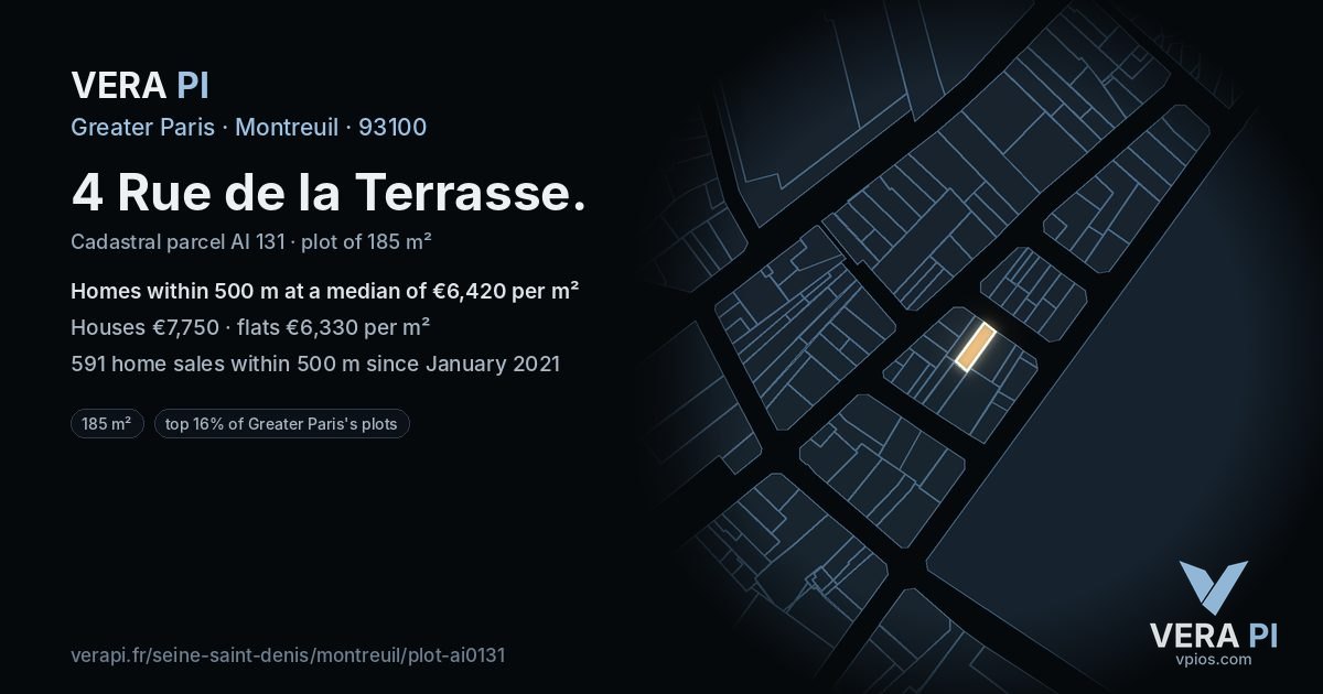 4 Rue de la Terrasse, Montreuil at night – the plot lit, the parcels around coloured by the prices near them