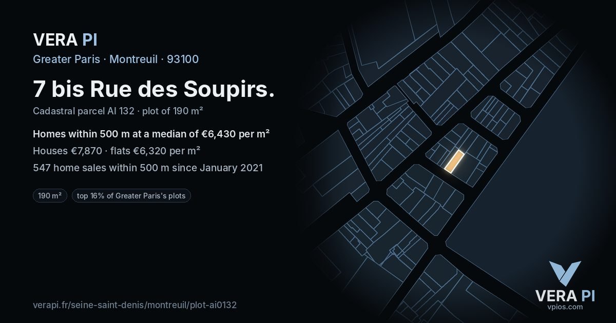 7 bis Rue des Soupirs, Montreuil at night – the plot lit, the parcels around coloured by the prices near them