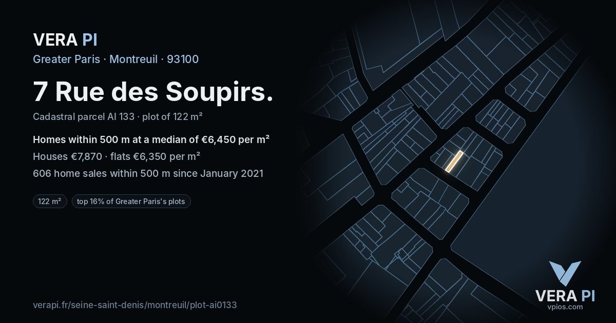 7 Rue des Soupirs, Montreuil at night – the plot lit, the parcels around coloured by the prices near them