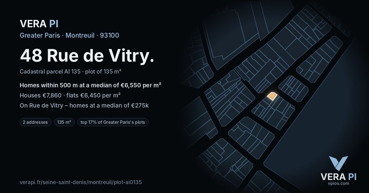 48 Rue de Vitry, Montreuil at night – the plot lit, the parcels around coloured by the prices near them