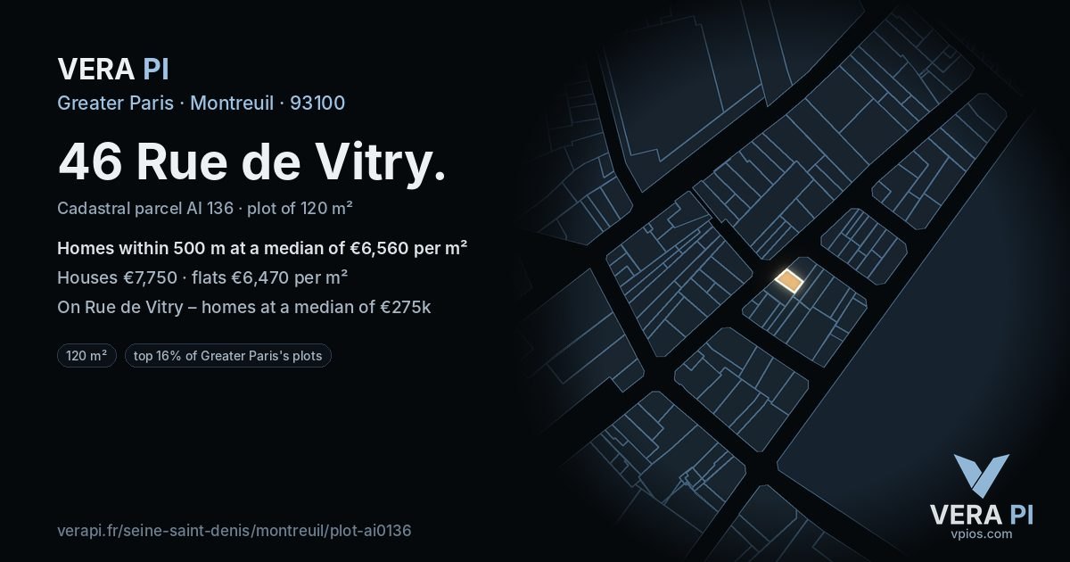 46 Rue de Vitry, Montreuil at night – the plot lit, the parcels around coloured by the prices near them