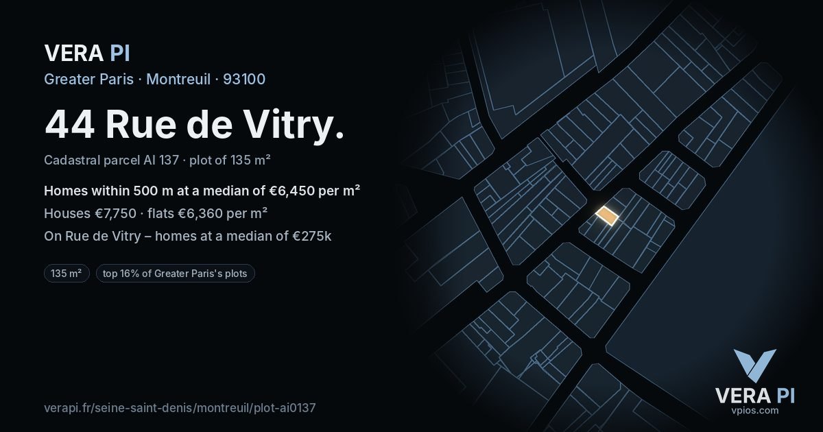 44 Rue de Vitry, Montreuil at night – the plot lit, the parcels around coloured by the prices near them