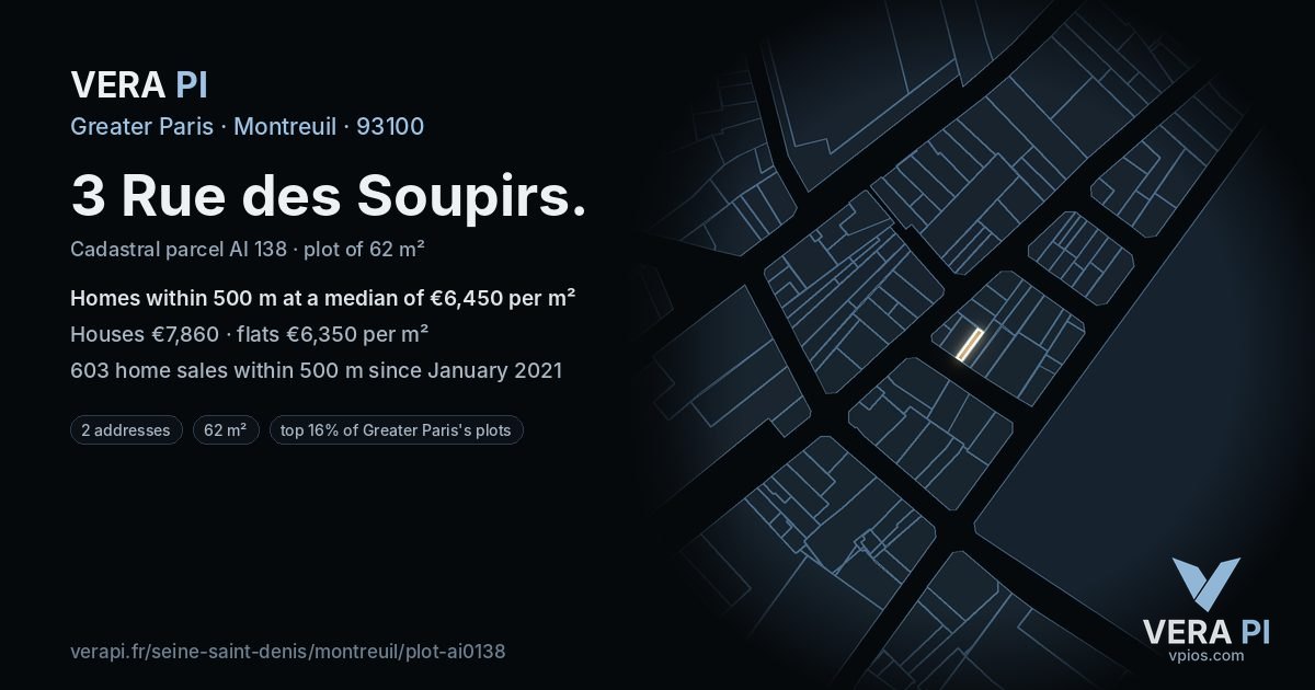 3 Rue des Soupirs, Montreuil at night – the plot lit, the parcels around coloured by the prices near them