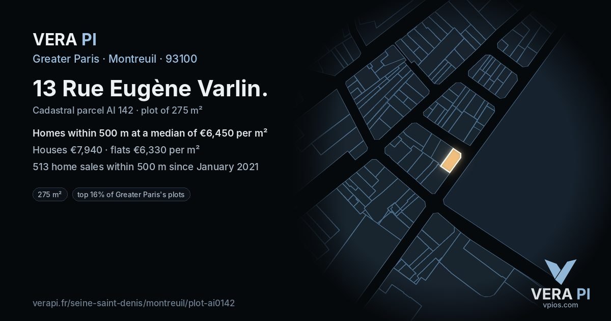 13 Rue Eugène Varlin, Montreuil at night – the plot lit, the parcels around coloured by the prices near them