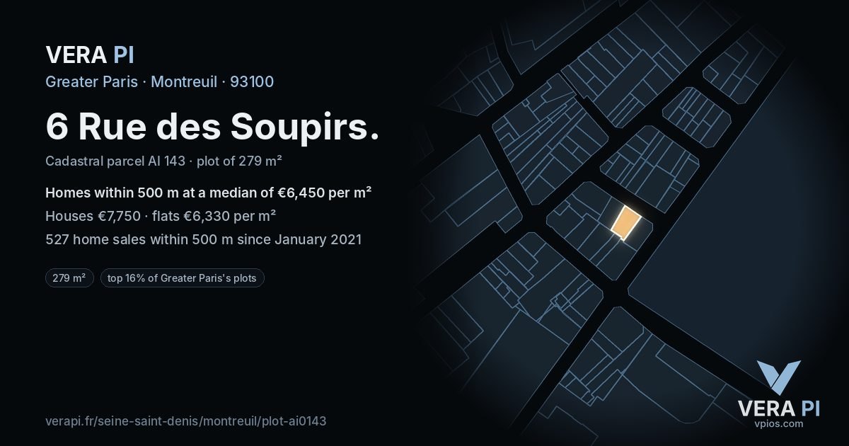 6 Rue des Soupirs, Montreuil at night – the plot lit, the parcels around coloured by the prices near them