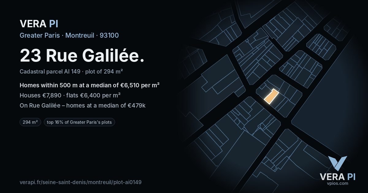 23 Rue Galilée, Montreuil at night – the plot lit, the parcels around coloured by the prices near them