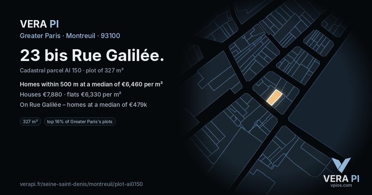 23 bis Rue Galilée, Montreuil at night – the plot lit, the parcels around coloured by the prices near them