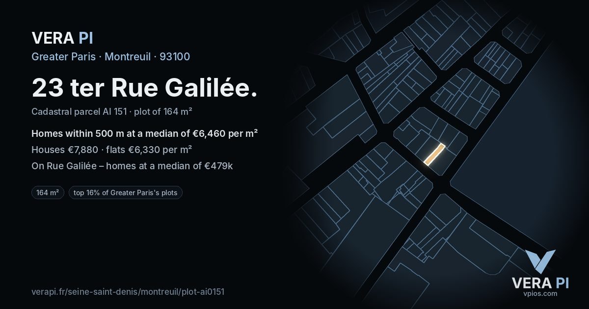 23 ter Rue Galilée, Montreuil at night – the plot lit, the parcels around coloured by the prices near them