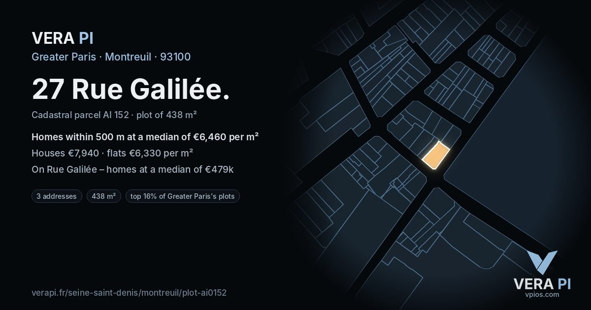 27 Rue Galilée, Montreuil at night – the plot lit, the parcels around coloured by the prices near them
