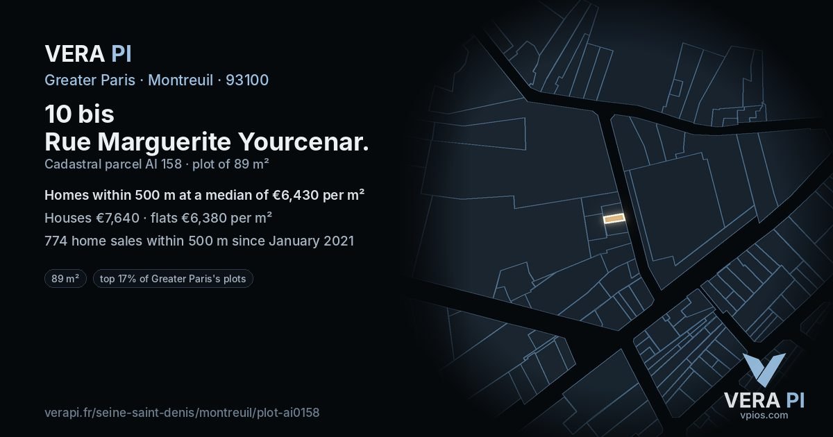10 bis Rue Marguerite Yourcenar, Montreuil at night – the plot lit, the parcels around coloured by the prices near them