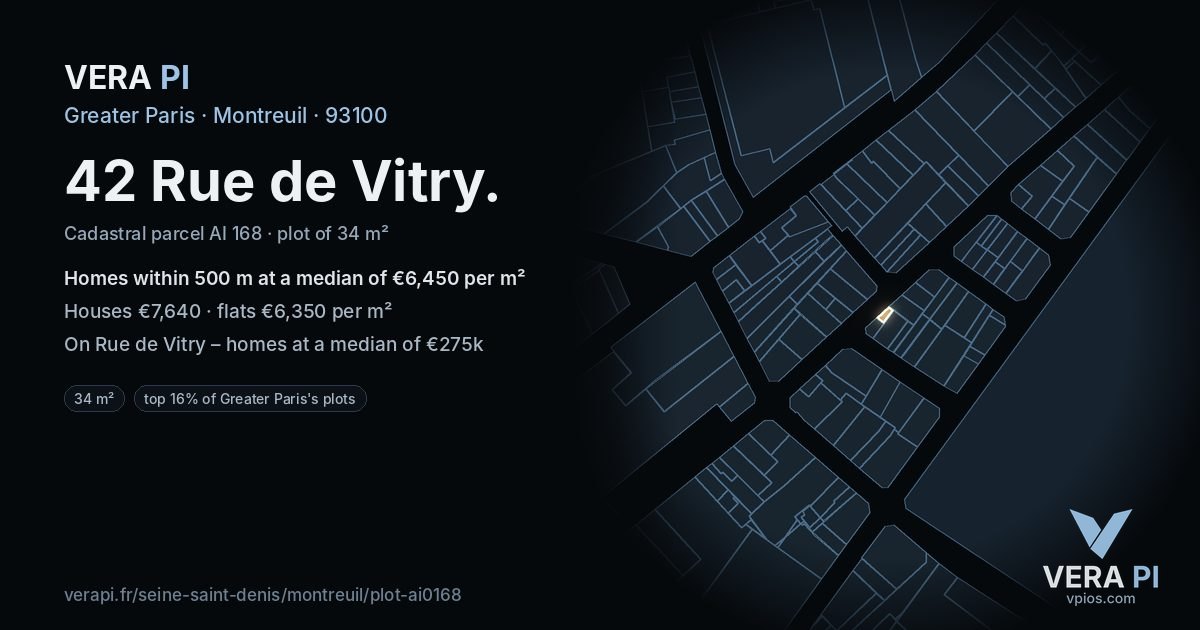 42 Rue de Vitry, Montreuil at night – the plot lit, the parcels around coloured by the prices near them