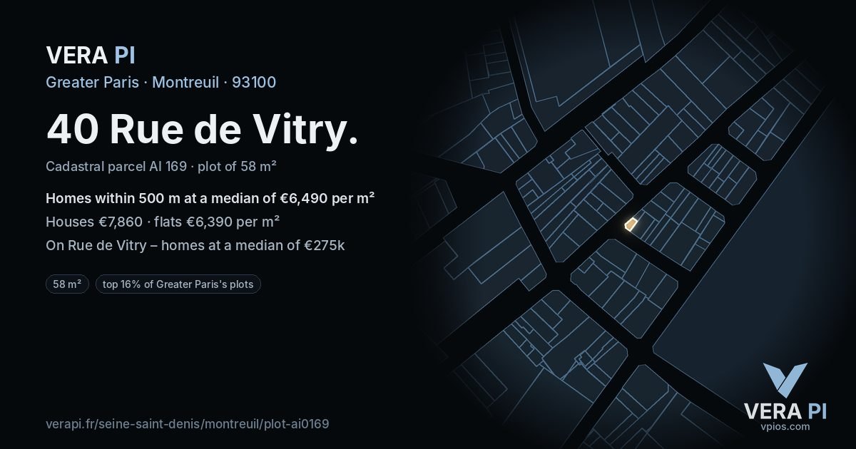 40 Rue de Vitry, Montreuil at night – the plot lit, the parcels around coloured by the prices near them