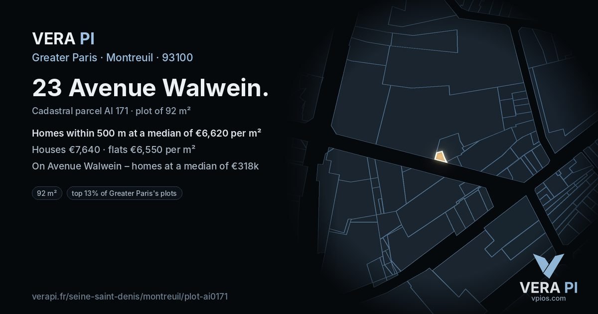 23 Avenue Walwein, Montreuil at night – the plot lit, the parcels around coloured by the prices near them