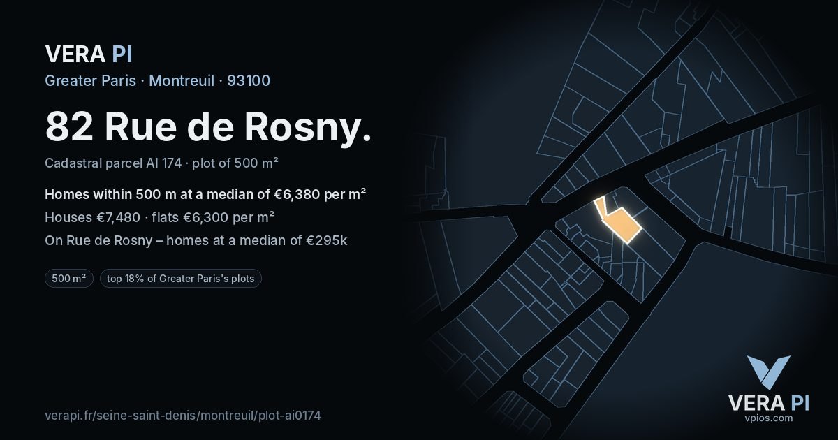 82 Rue de Rosny, Montreuil at night – the plot lit, the parcels around coloured by the prices near them