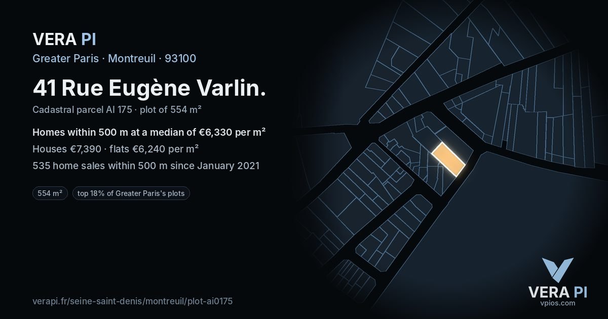 41 Rue Eugène Varlin, Montreuil at night – the plot lit, the parcels around coloured by the prices near them