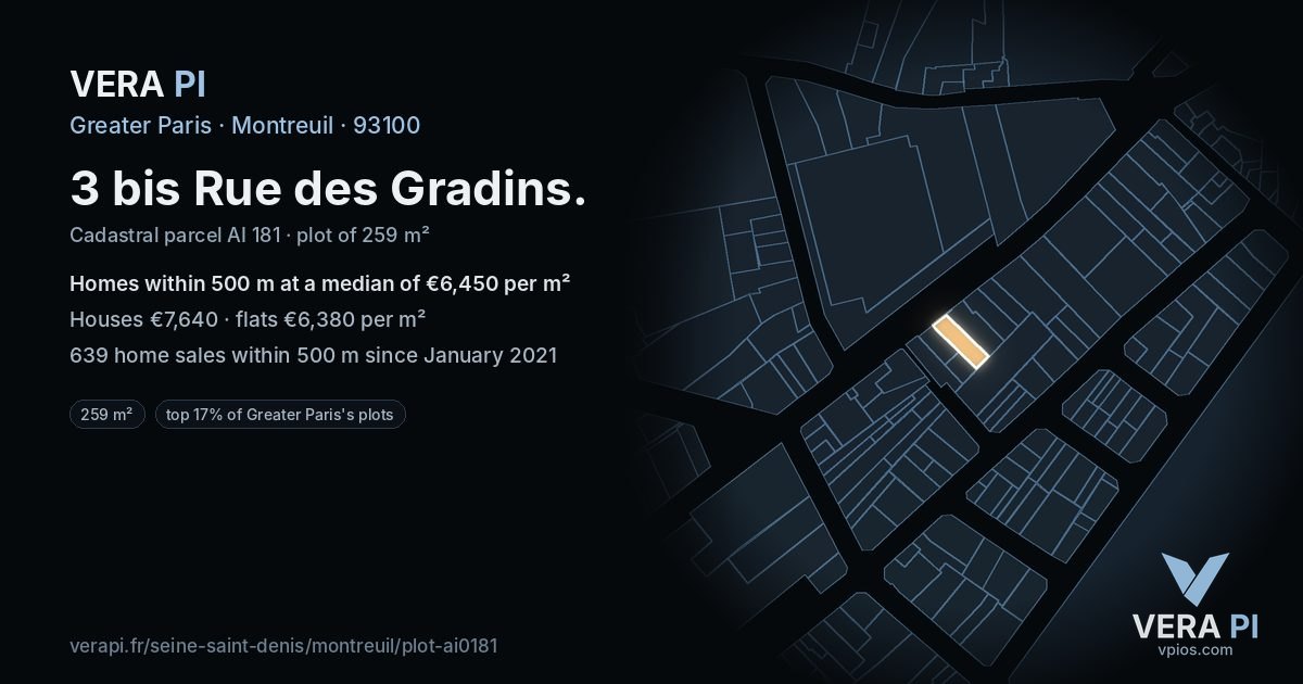 3 bis Rue des Gradins, Montreuil at night – the plot lit, the parcels around coloured by the prices near them