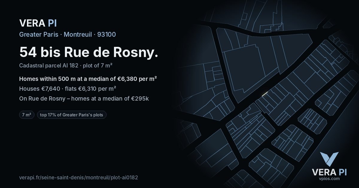 54 bis Rue de Rosny, Montreuil at night – the plot lit, the parcels around coloured by the prices near them