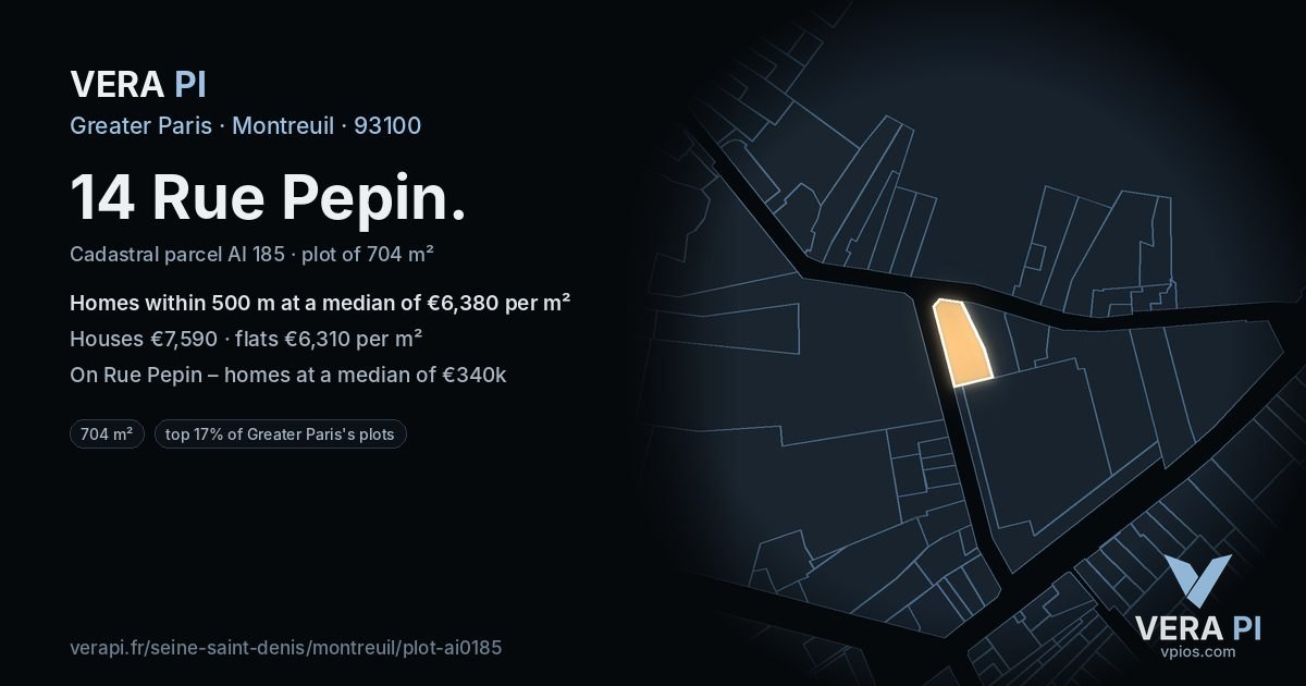 14 Rue Pepin, Montreuil at night – the plot lit, the parcels around coloured by the prices near them