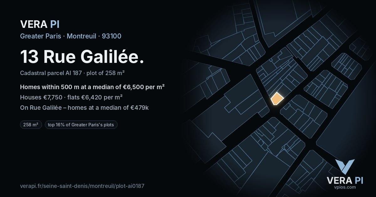 13 Rue Galilée, Montreuil at night – the plot lit, the parcels around coloured by the prices near them