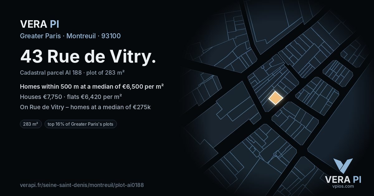 43 Rue de Vitry, Montreuil at night – the plot lit, the parcels around coloured by the prices near them
