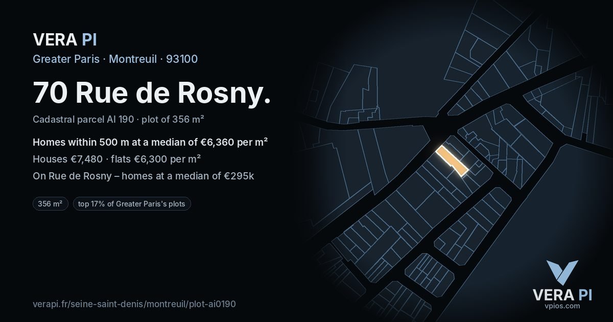 70 Rue de Rosny, Montreuil at night – the plot lit, the parcels around coloured by the prices near them