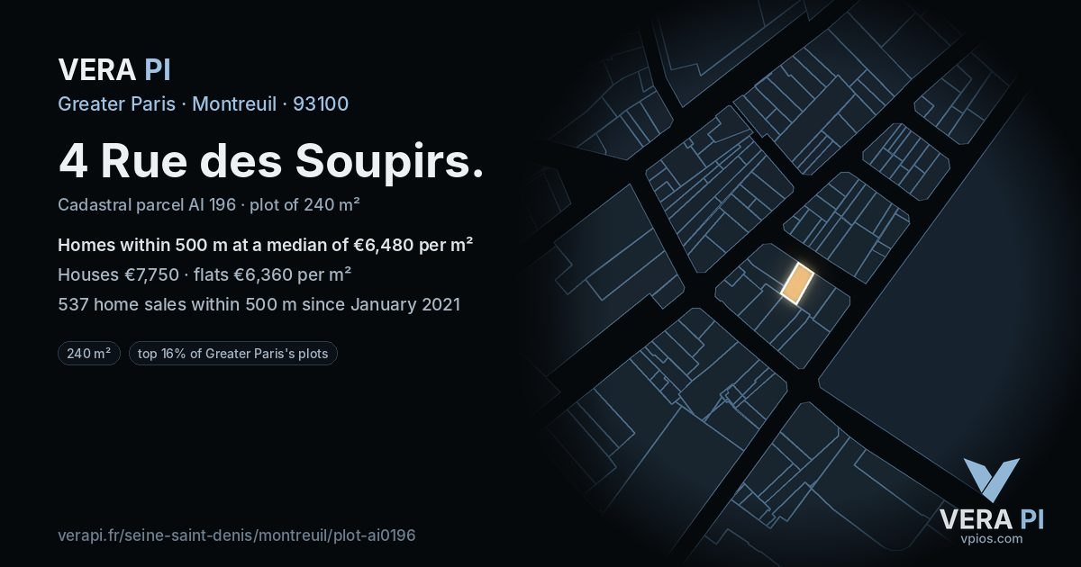4 Rue des Soupirs, Montreuil at night – the plot lit, the parcels around coloured by the prices near them