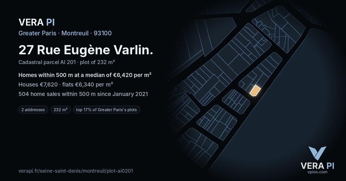 27 Rue Eugène Varlin, Montreuil at night – the plot lit, the parcels around coloured by the prices near them
