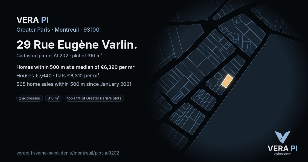 29 Rue Eugène Varlin, Montreuil at night – the plot lit, the parcels around coloured by the prices near them