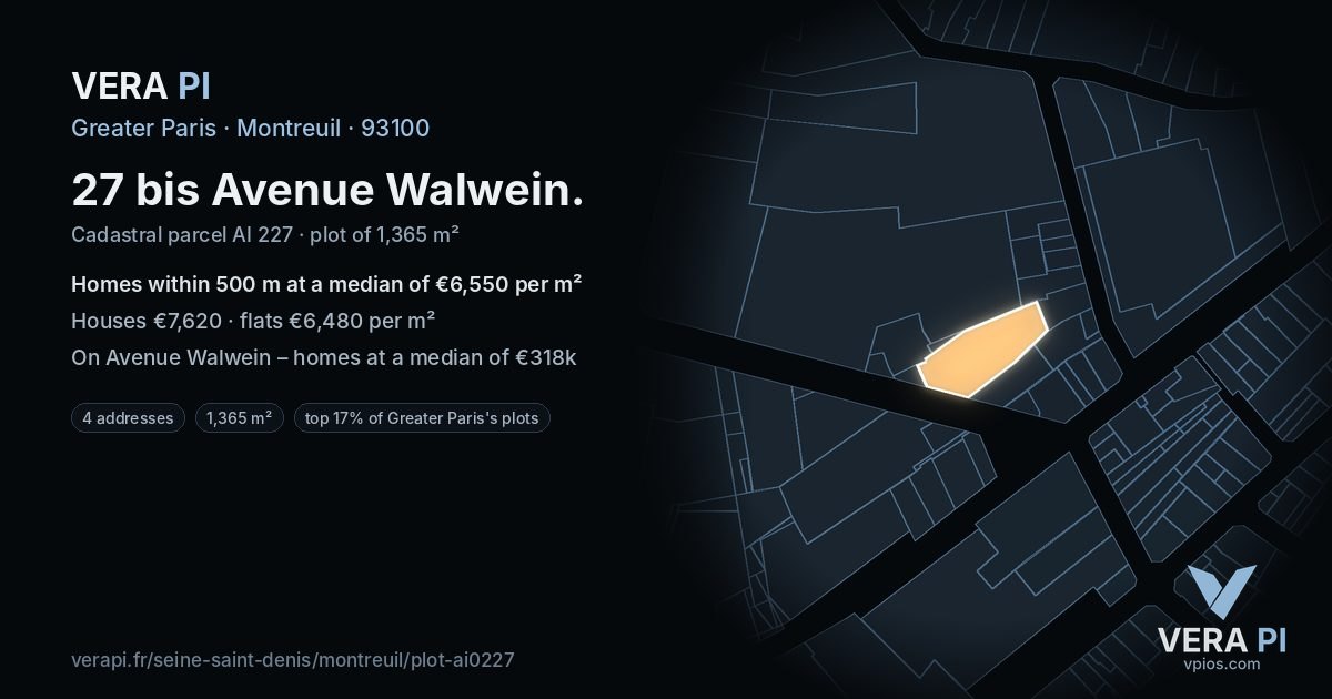 27 bis Avenue Walwein, Montreuil at night – the plot lit, the parcels around coloured by the prices near them
