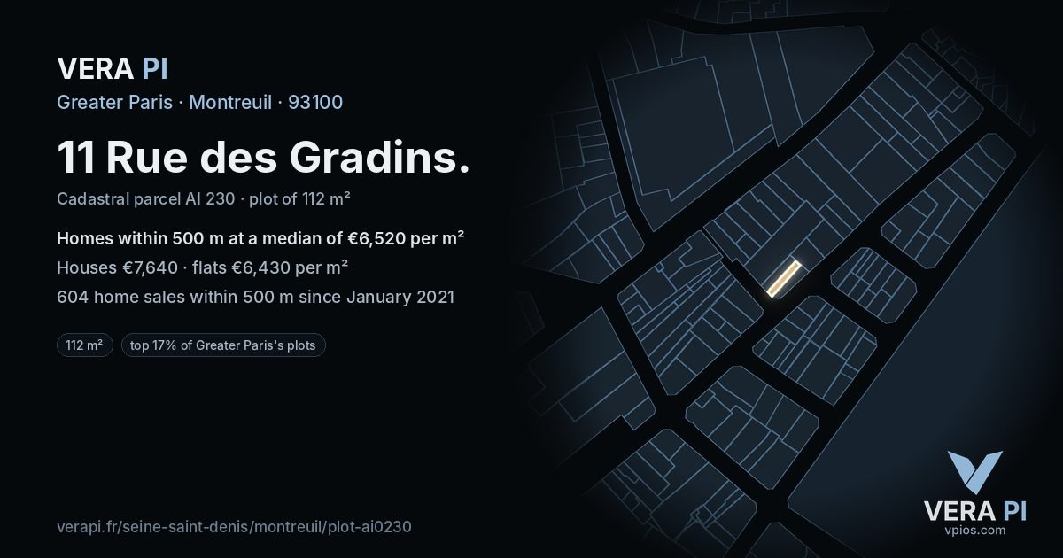 11 Rue des Gradins, Montreuil at night – the plot lit, the parcels around coloured by the prices near them