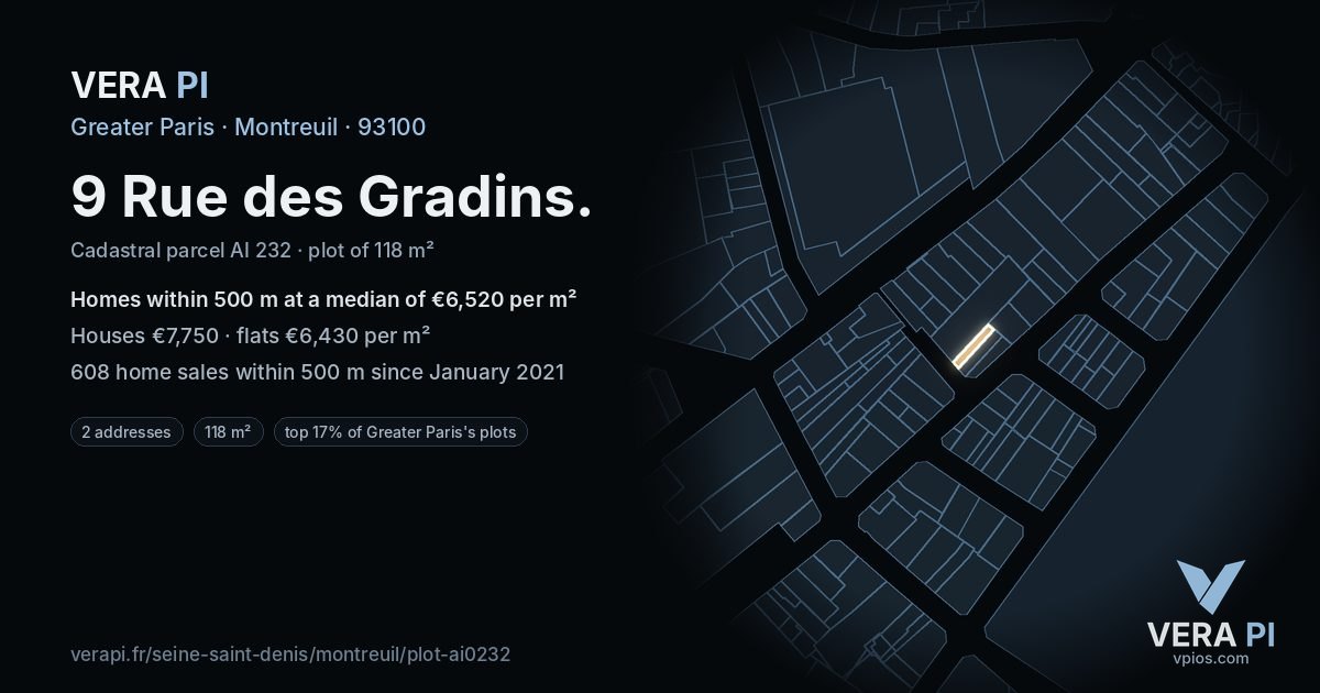 9 Rue des Gradins, Montreuil at night – the plot lit, the parcels around coloured by the prices near them