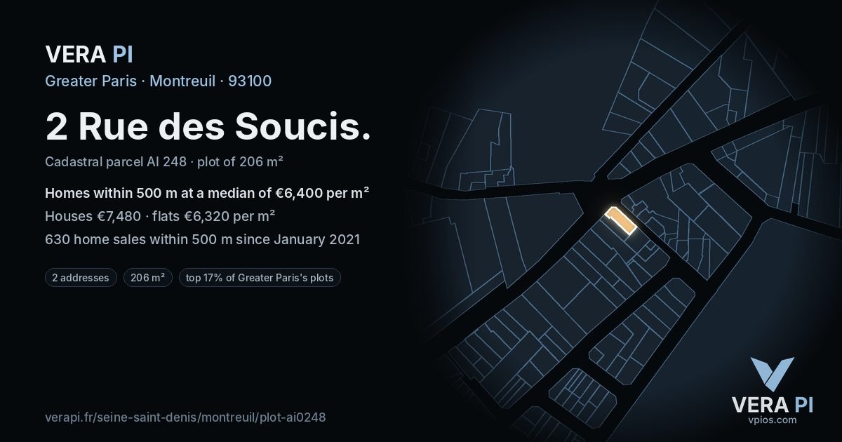 2 Rue des Soucis, Montreuil at night – the plot lit, the parcels around coloured by the prices near them