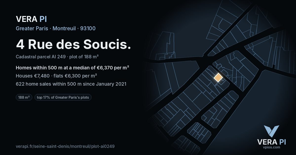 4 Rue des Soucis, Montreuil at night – the plot lit, the parcels around coloured by the prices near them