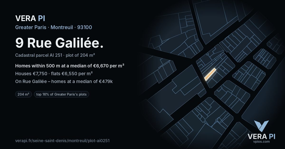 9 Rue Galilée, Montreuil at night – the plot lit, the parcels around coloured by the prices near them