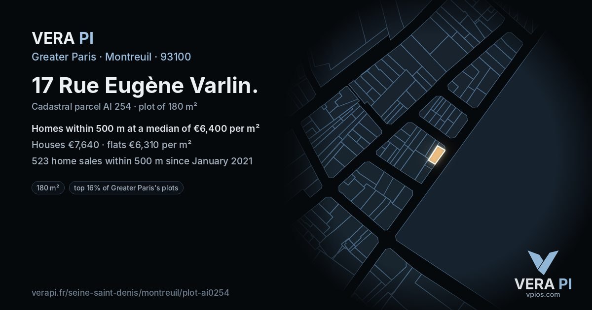 17 Rue Eugène Varlin, Montreuil at night – the plot lit, the parcels around coloured by the prices near them