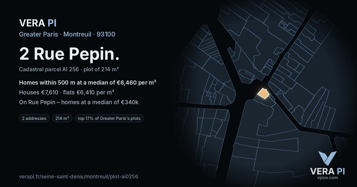 2 Rue Pepin, Montreuil at night – the plot lit, the parcels around coloured by the prices near them
