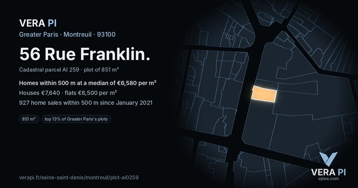 56 Rue Franklin, Montreuil at night – the plot lit, the parcels around coloured by the prices near them