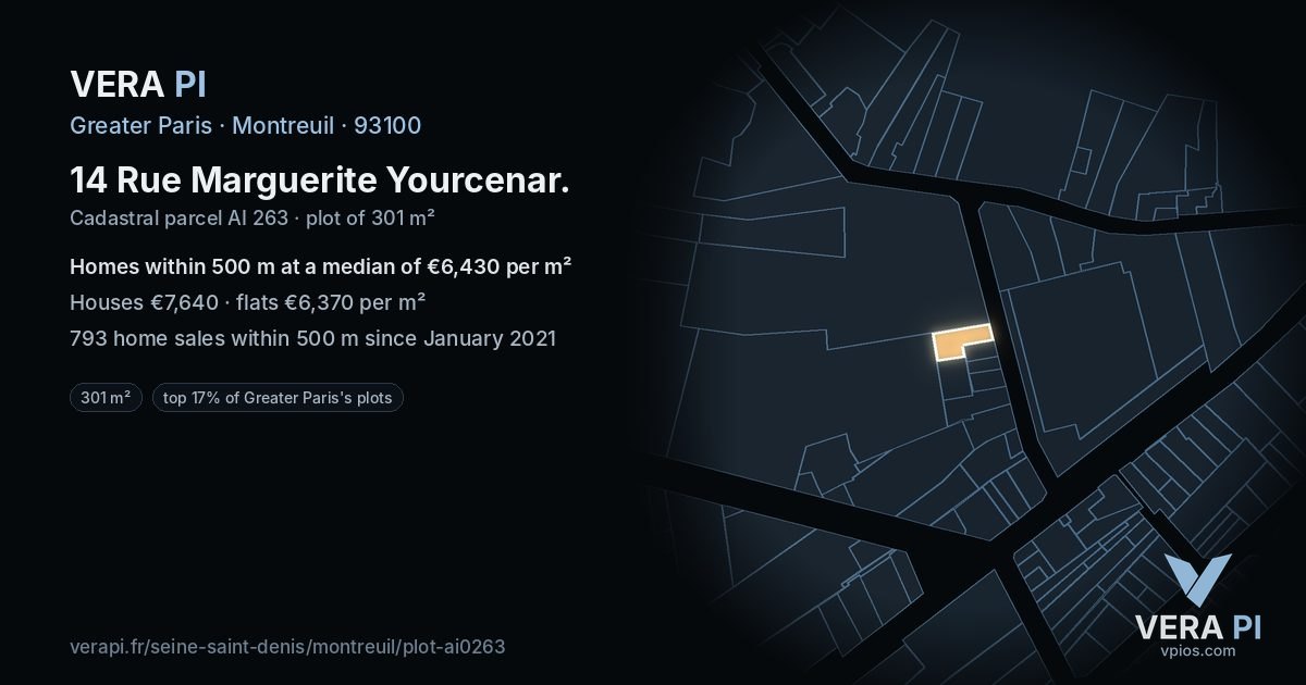 14 Rue Marguerite Yourcenar, Montreuil at night – the plot lit, the parcels around coloured by the prices near them