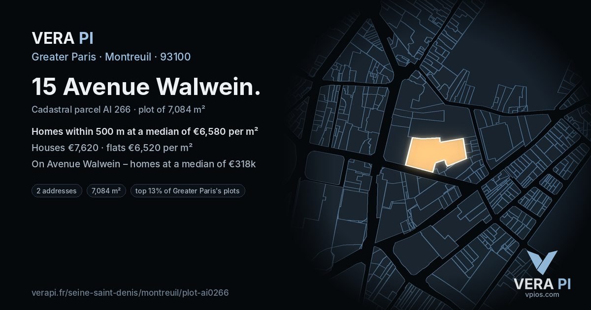 15 Avenue Walwein, Montreuil at night – the plot lit, the parcels around coloured by the prices near them