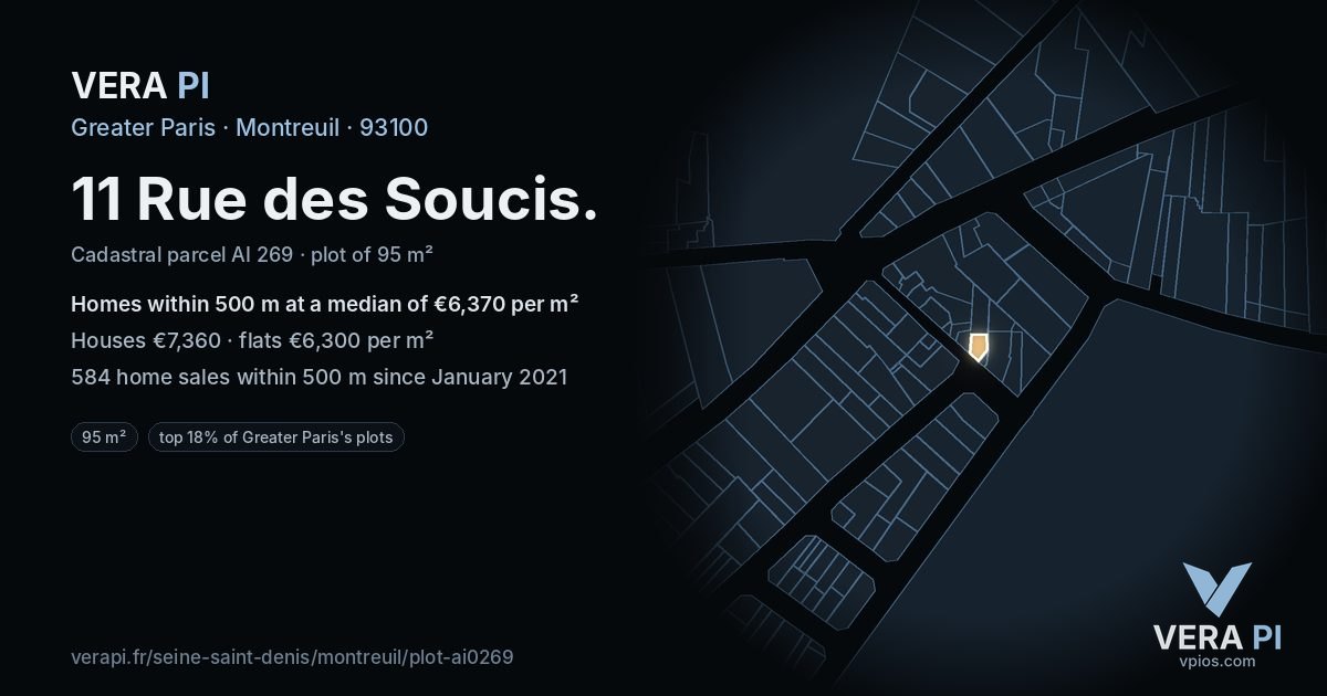 11 Rue des Soucis, Montreuil at night – the plot lit, the parcels around coloured by the prices near them