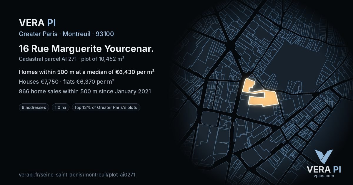 16 Rue Marguerite Yourcenar, Montreuil at night – the plot lit, the parcels around coloured by the prices near them