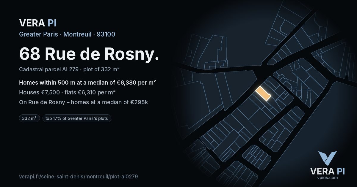 68 Rue de Rosny, Montreuil at night – the plot lit, the parcels around coloured by the prices near them