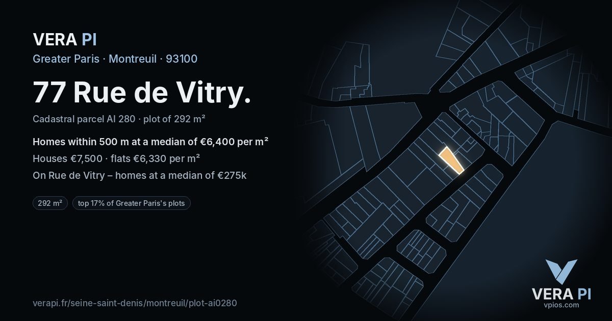77 Rue de Vitry, Montreuil at night – the plot lit, the parcels around coloured by the prices near them