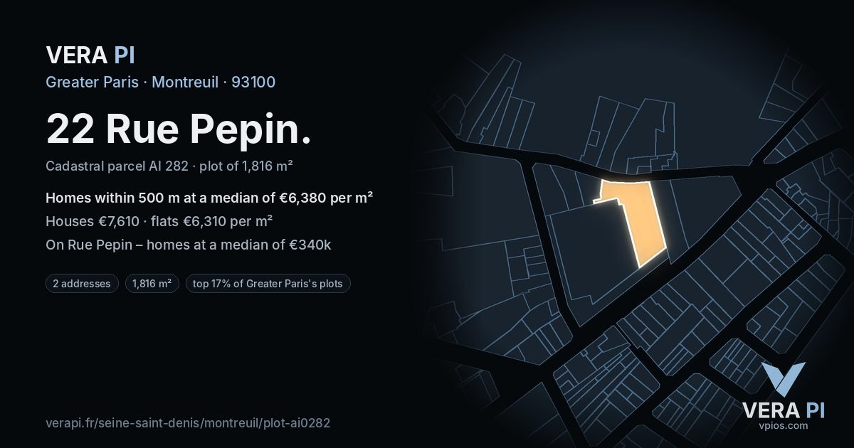 22 Rue Pepin, Montreuil at night – the plot lit, the parcels around coloured by the prices near them